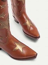 tanie Kowboj i zachodnie buty-czarne, kowbojskie buty w stylu western z wzorem w gwiazdy i białymi kontrastowymi zdobieniami – stylowe buty ze sztucznej skóry do rodeo, stylu country i na co dzień