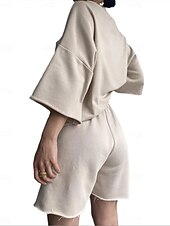 abordables Survêtement pour femme-Femme Ensembles de shorts Pantalon en molleton manche longue Couleur unie Noir Beige Printemps Ample