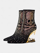abordables Bottines-bottines noires à tête de mort pour femmes avec ornements en strass et talons découpés dorés – talons audacieux pour la mode gothique et les fêtes