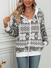 baratos jaquetas sherpa-jaqueta de lã feminina com forro de sherpa e capuz com zíper completo, estampa de floco de neve de inverno, cinza e branco, aconchegante, quente, casual, vários tamanhos
