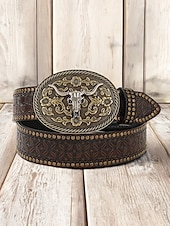 ieftine Accesorii pentru bărbați-centură occidentală din piele artificială pentru bărbați cu design floral gravat și cataramă cu craniu de taur – centură de cowboy în stil vintage pentru rodeo și îmbrăcăminte casual