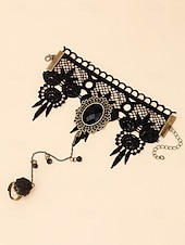 billige Halloween-tilbehør-vintage gotisk blonderarmbånd med ring, håndkjedesmykker i svart edelsten, perfekt for halloween, cosplay og kostymer med viktoriansk tema