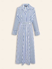 cheap Casual Dress-Cotton Stripe Button Up Maxi Shirt Dress