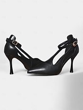 abordables tacones kitten-Tacones de aguja negros para mujer con correa en el tobillo: elegantes zapatos de punta puntiaguda para fiestas de noche y eventos formales