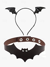 levne Halloweenské doplňky-Sada čelenky s netopýřím křídlem a gotického koženého chokeru – kostýmní doplňky s halloweenskou tématikou pro ženy, ideální pro cosplay a party outfity