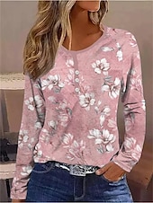 ieftine tricou boho-Tricou pentru femei cu Dungi Zilnic Casual Mâneci Lungi Gât în V Cămașă Regula Zilnic Sărbătoare Butoane Roz Roșu Gri Primăvară Toamnă Iarnă