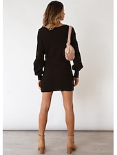 abordables mini robe noire-robe pull femme quotidien élégant couleur unie col en V col en V manches évêque manches longues hauts réguliers tricot formel extérieur noir rouge automne hiver