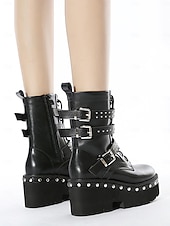 tanie Buty bojowe-damskie czarne buty bojowe na platformie z paskami z ćwiekami i klamrami, punkowe buty motocyklowe w stylu gotyckim do cosplayu i streetwearu