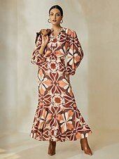 economico Bluse e camicie-camicetta in raso bohémien con scollo a V e maniche a lanterna