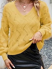 cheap Graphic Patterns &amp; Details-Women&#039;s Sweater Elegant Fashion Daily Solid Color Crochet V Neck Knitted Long Sleeve Regular Tops Knit Work Yellow Dusty Blue Fall Winter