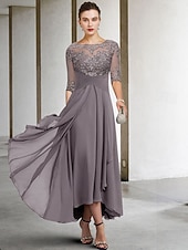 voordelige Vloerlengte-A-Lijn Moeder van de Bruid Jurk Bruidsgast Elegant Plus Size Hoog Laag V-Hals Asymmetrisch Enkel Lengte Chiffon Kant Halve Mouw met Beading Applicaties gratis maatwerk