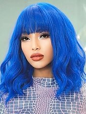baratos Perucas Sintéticas sem Touca-peruca com franja perucas curtas onduladas para mulheres comprimento dos ombros perucas bob encaracolado perucas sintéticas resistentes ao calor para cosplay de halloween uso diário para festas