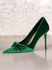 abordables Officiel-talons aiguilles en velours vert pour femmes - escarpins élégants à bout pointu avec détail nœud pour les soirées et les occasions spéciales