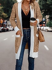 billige Cardigans og yttertøy-Dame Kofte Elegant Mote Gatemote Fargeblokk Kabel Åpen Forside Strikket Langermet Lange topper Strikke utendørs Arbeid Helg Dusty Rose Kakifarget Høst Vinter