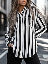 economico Top a Righe e Geometrici per Donne-Camicia Donna Manica Lunga Blusa Button Down Camicia a Strisce Bianco e Nero Lavoro Elegante Stile Moderno Nera Primavera Autunno