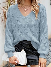 cheap Graphic Patterns &amp; Details-Women&#039;s Sweater Elegant Fashion Daily Solid Color Crochet V Neck Knitted Long Sleeve Regular Tops Knit Work Yellow Dusty Blue Fall Winter