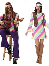  Couples Carnival Costume Hippies Cosplay Costume Halloween Group Couples Costumes 1970s Disco Adults' Men's Women's Halloween Carnival Masquerade Party Easy Halloween Costumes Dress Up