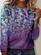 ieftine tricou floral-Tunică pentru femei T-Shirt Modă Casual Print Manșon Lung Bluze Regulate Guler Rotund Zilnic Albastru Violet Primăvară Toamnă