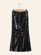 abordables jupe femme-Femme Midi Noir Jupes Printemps, Août, Hiver, Eté Paillettes Doublé Taille médiale Elégant Rétro Vintage Soirée Formel Mariage Soirée XS S M
