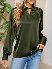 economico Top eleganti-Per donna Camicia Elegant Elegante Raso/Satin Tinta unica Signore Elegante Manica Lunga Scollo a V Top Regolari Feste Lavoro Nodo attorcigliato Nero Bianco Verde Cachi Autunno Inverno