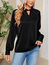 economico Top eleganti-Per donna Camicia Elegant Elegante Raso/Satin Tinta unica Signore Elegante Manica Lunga Scollo a V Top Regolari Feste Lavoro Nodo attorcigliato Nero Bianco Verde Cachi Autunno Inverno