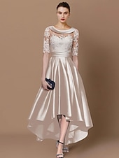 preiswerte Teelänge-A-Linie Mutter der Braut Kleid Hochzeitsgast Elegante Hoch-Tief Scoop-Ausschnitt Asymmetrisch Tee-Länge Satin Spitze Halbärmel mit Applikationen Derby Kleid Renntag Kleid 2025 kostenlose Anpassung