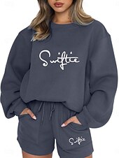 preiswerte Kurze Sets für Damen-Damen Modisch Strassenmode Täglich Pullover Sweatshorts Kurze Hose Langarm Rundhalsausschnitt Glatt Kordelzug Bedruckt Casual Täglich Schwarz Weiß Blau Herbst Regular Fit