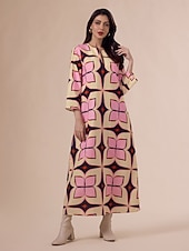 economico abito casual stampato-Per donna Largo Abito Stampato Abito Largo Abito maxi Rosa Manica 3/4 Geometrico Stampa Primavera &amp; Autunno Autunno colletto dentellato Bohemien Vintage Casual Quotidiano Vacanza Casa S M L