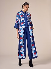 お買い得  シャツ、トップス、ブラウス-サテンボタンダウンバケーションアーティスティック/レトロプリントスタンドカラーシャツ
