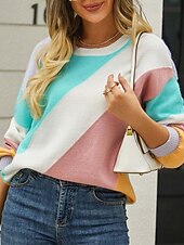 preiswerte Grafische Muster und Details-Damen Pullover Brautkleider schlicht Geometrisch Bedruckt Rundhalsausschnitt Strick Langarm Lange Oberteile Stricken Heim Regenbogen Herbst Winter