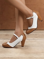 levne 50. léta 20. století-dámské vintage dvoubarevné podpatky mary jane s brogue detaily – retro boty s blokovým podpatkem na večírky a formální příležitosti
