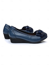 cheap Women&#039;s Flats-Women&#039;s Leather Wedge Flats with Decorative Bow and Embellished Toe – Comfortable Casual Slip-On Shoes for Everyday Wear