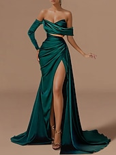 cheap GREEN-Beach Wedding Mermaid Evening Gown Sexy Dress Formal Wedding Guest Floor Length Long Sleeve Off Shoulder Satin with Ruched Slit Masquerade Dress