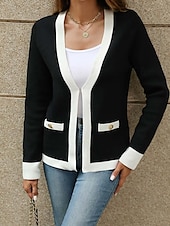 preiswerte Strickjacken und Oberbekleidung-Damen Strickjacke Modisch Täglich Farbblock V Ausschnitt Strick Langarm Normale Oberteile Stricken Arbeit Weiß / Schwarz Intensives Rosa Herbst Winter