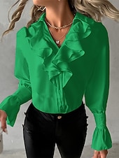 billige Dressy topper-Dame Skjorte Bluse Helfarge Elegant Forretning Fritid Langermet V-hals Vanlige topper Arbeid Daglig Drapering Svart Hvit Grønn Kakifarget Høst Vinter