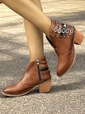 levne Cowboy &amp; Western Boots-dámské hnědé kotníkové boty s vícepřezkovým detailem, blokovým podpatkem a westernovým stylem - ideální pro běžné výlety a každodenní nošení