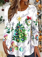 preiswerte Weihnachts-T-Shirts-Damen Sweatshirt süßes Kätzchen Weihnachtsmannmütze Langarm Winter lässig festlich rot Grafik Rundhals Oberteil gemütlich bequem