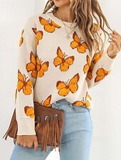 preiswerte Grafische Muster und Details-Damen Pullover Modisch Kuschelig Strassenmode Graphic Bedruckt Rundhalsausschnitt Strick Langarm Normale Oberteile Stricken Arbeit Wochenende Blau Orange Herbst Winter