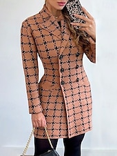 cheap Print Coats-Women&#039;s Overcoat Thickened Button Down Winter Lattice Print  Lapel Coat for women
