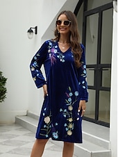abordables Robes fleuries décontractées-robe décontractée pour femme robe midi brodée avec manche saint valentin travail rendez-vous élégant basique col en V manches longues manche évêque couleur bleue
