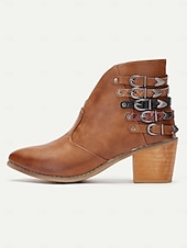 levne Cowboy &amp; Western Boots-dámské hnědé kotníkové boty s vícepřezkovým detailem, blokovým podpatkem a westernovým stylem - ideální pro běžné výlety a každodenní nošení
