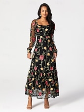 preiswerte abendkleider-Damen schwarzes kleid Maxidress Rüsche Bestickt Elegant Quadratischer Ausschnitt Langarm Schwarz Farbe