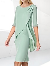 preiswerte Teelänge-Strandhochzeit Etuikleid Mutter der Braut Kleid Hochzeitsgast Eleganter Juwelenausschnitt Teelänge Chiffon halblangärmelig mit Perlen-Raffung