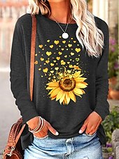 billige Blomster t-skjorte-Dame T skjorte Solsikke Fritid Langermet Crew-hals Vanlige topper Daglig Trykt mønster Svart Vår Høst