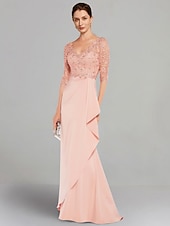 cheap Floor Length-A-Line Mother of the Bride Dress Elegant V Neck Floor Length Stretch Chiffon 3/4 Length Sleeve with Lace Pleats free custom size