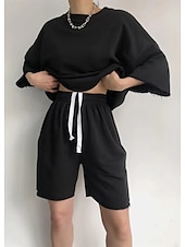 abordables Survêtement pour femme-Femme Ensembles de shorts Pantalon en molleton manche longue Couleur unie Noir Beige Printemps Ample
