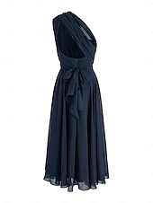 abordables Robes pour invitées de mariage-Robes de Mariage Invité A-Line Robe Élégante Formelle Fête de Mariage Longueur Thé Sans Manches Une Épaule Invité de Mariage Automne Chiffon avec Fronces 2025