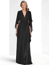 cheap RED-Beach Wedding Sheath Evening Gown Elegant Dress Formal Fall Ankle Length Long Sleeve V Neck Chiffon with Ruched Ruffles