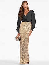preiswerte GELB-Schwarzes und goldenes/paillettenbesetztes Meerjungfrau-Abendkleid, elegantes Kleid, bodenlang, lange Ärmel, V-Ausschnitt, Gürtel/Schärpe mit Schlitz, 2025