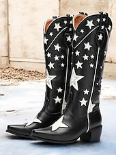 tanie Kowboj i zachodnie buty-czarne, kowbojskie buty w stylu western z wzorem w gwiazdy i białymi kontrastowymi zdobieniami – stylowe buty ze sztucznej skóry do rodeo, stylu country i na co dzień